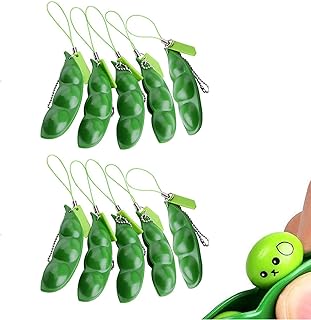10 Pieces Extrution Beans Fidget Toy, Stress Relief Fidget Toys Funny Squishy Edamame Soy Beans Pea Popper Keychain Keyring for Children and Adults
