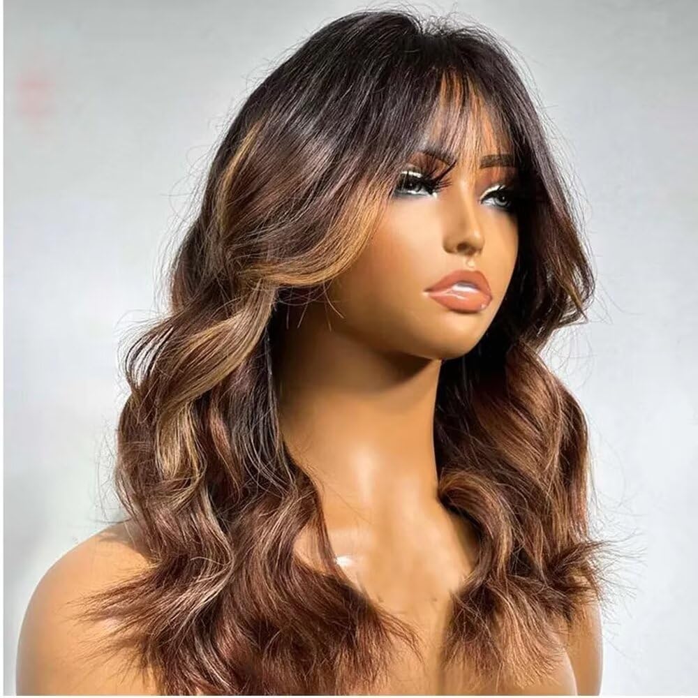 WIG on a Cream and Brown Hair Accessory with Fringe and Layers Curtain Bang Brown European Hair, Long Layered With  main image 4