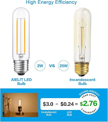 Miniatura 6 de E26 LED Bulb Dimmable 25 Watt Equivalent, Warm White 2700K, 200 Lumens, Vintage 2W T10T30 Led Tubular Bulbs, Classic Filament Edison Bulb for