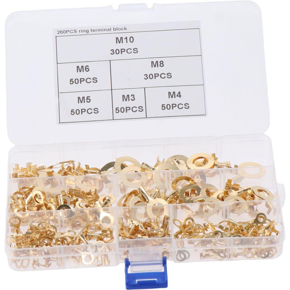 HOBBYIN 260Pcs Copper Ring Terminal Assortment Kit, Non-Insulated Open Barrel Wire Crimp Connectors Set, O-Type Copper Ring Lugs Terminal Connector Kit (M3 M4 M5 M6 M8 M10)