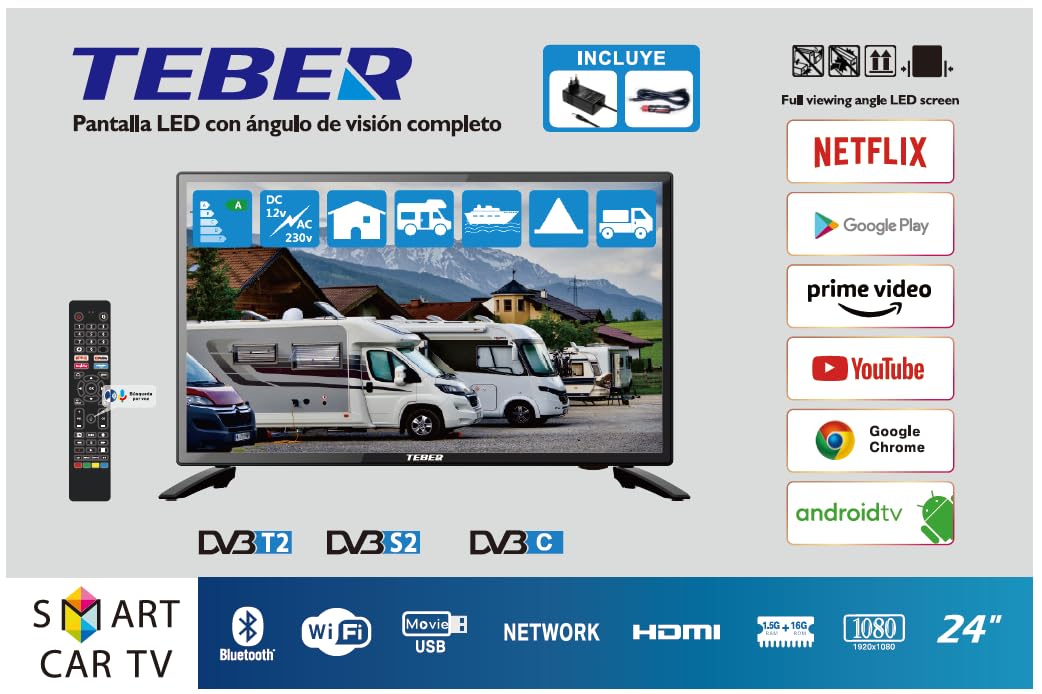 TEBER. Smart TV 24" - 12 V/24 V/230 V. Bluetooth, commande vocale, grande résolution 1920 x 1080 Full HD, DVB-S2/C/T2/T. Pour camping-cars, cuisines, chambres, camping-cars, bateaux, camions (24").