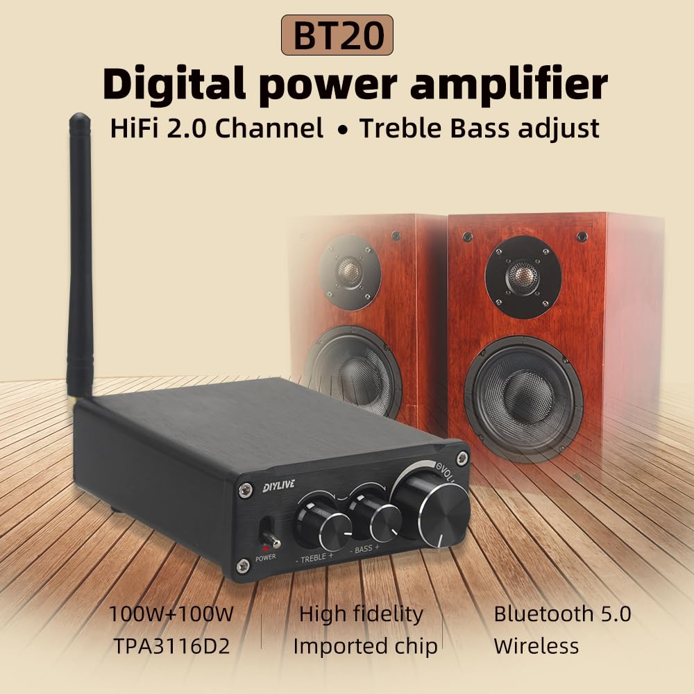 HIFIDIY LIVE BT20 TPA3116D2 Bluetooth 5.0 HiFi 2.0 Channel Power Audio Stereo Amplifier Board 2 x 100W Treble Bass Note Tuning AMP DC12-24V