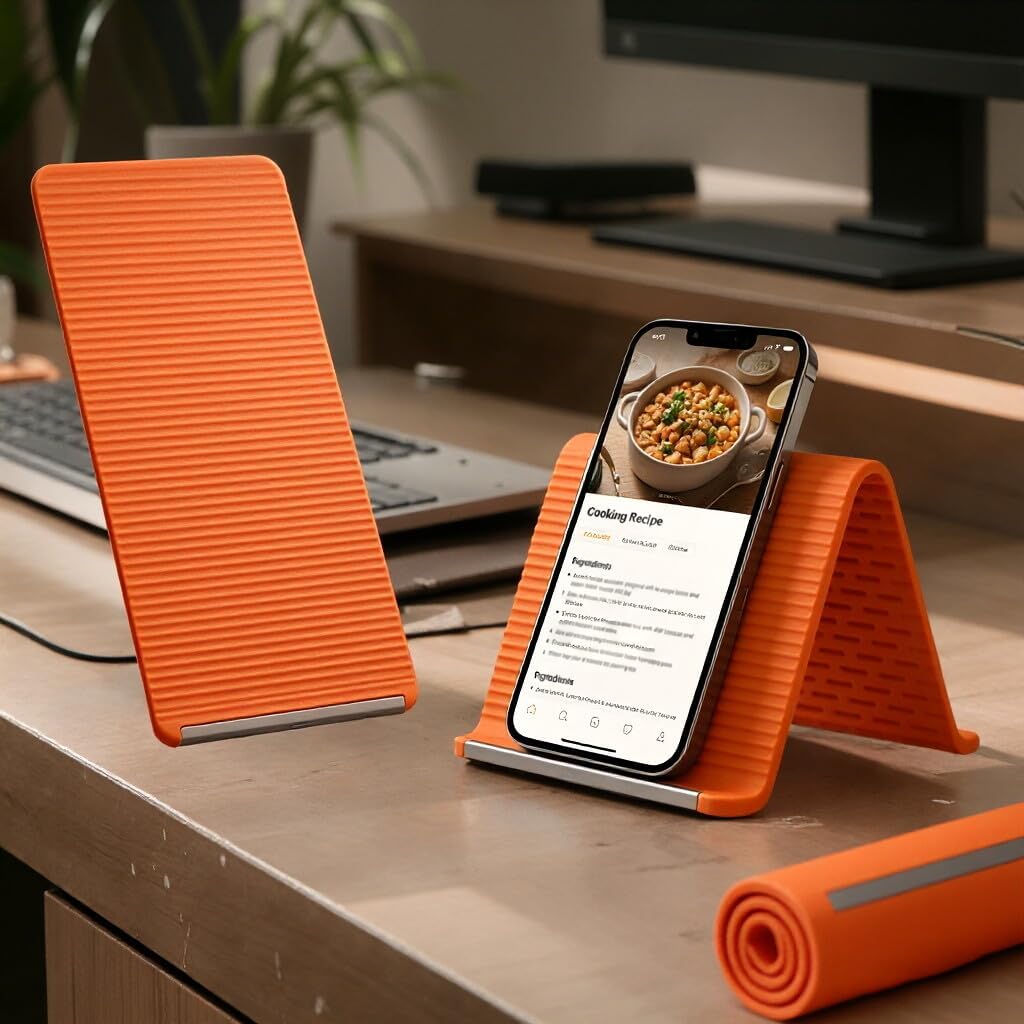 Flexible Silicone Aluminum Phone Holder Stand, Bendable Rollable Foldable Design, Universal Adjustable Anti-Slip Desktop Mount for Phone Tablet Laptop (Orange)