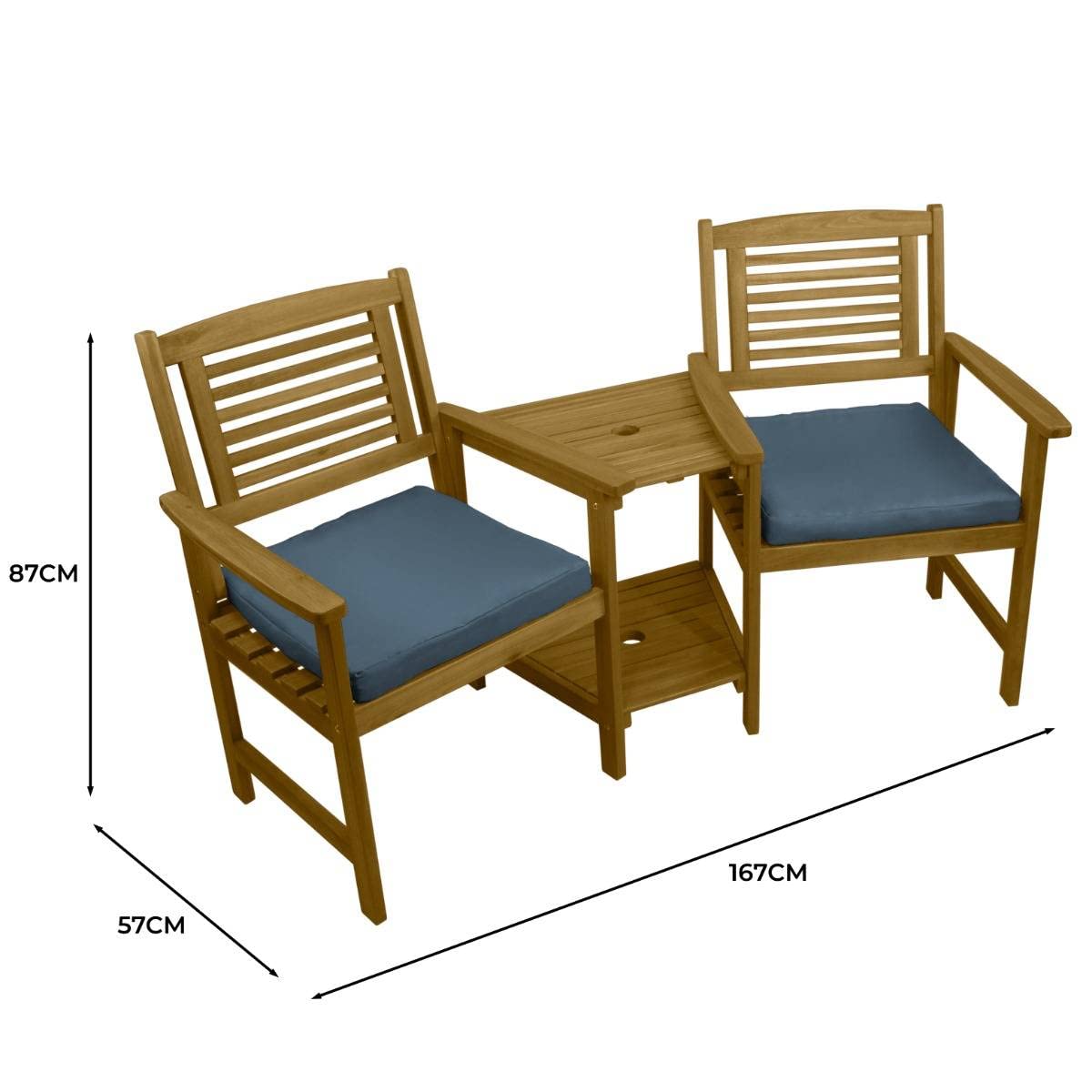 Doppel Gartenbank mit Tisch Loveseat Wetterfest 2-Sitzer Akazie Adirondack Liebessitz Sitzbank Sonnenschirmloch Ecksitz Eckbank Terrasse Balkon Gartenmöbel 320kg Kapazität Akazienholz 2 GRATIS Kissen