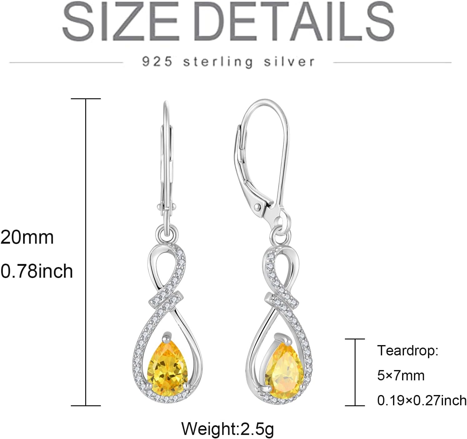 Infinity Dangle Drop Earrings, 925 Sterling Silver 5A Cubic Zirconia Earrings with Birthstone for Women