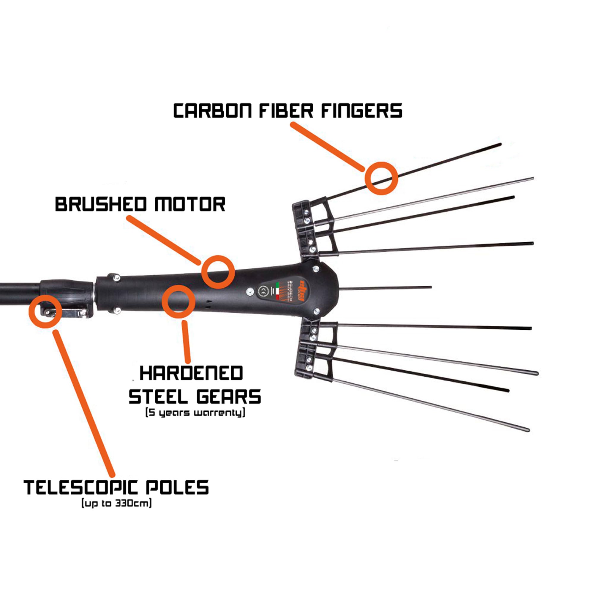 BOUDECH Etna Tremor 330 – Vareador eléctrico a batería 12 V agitador para aceitunas 370 W 1110 BPM con barra telescópica 330 cm