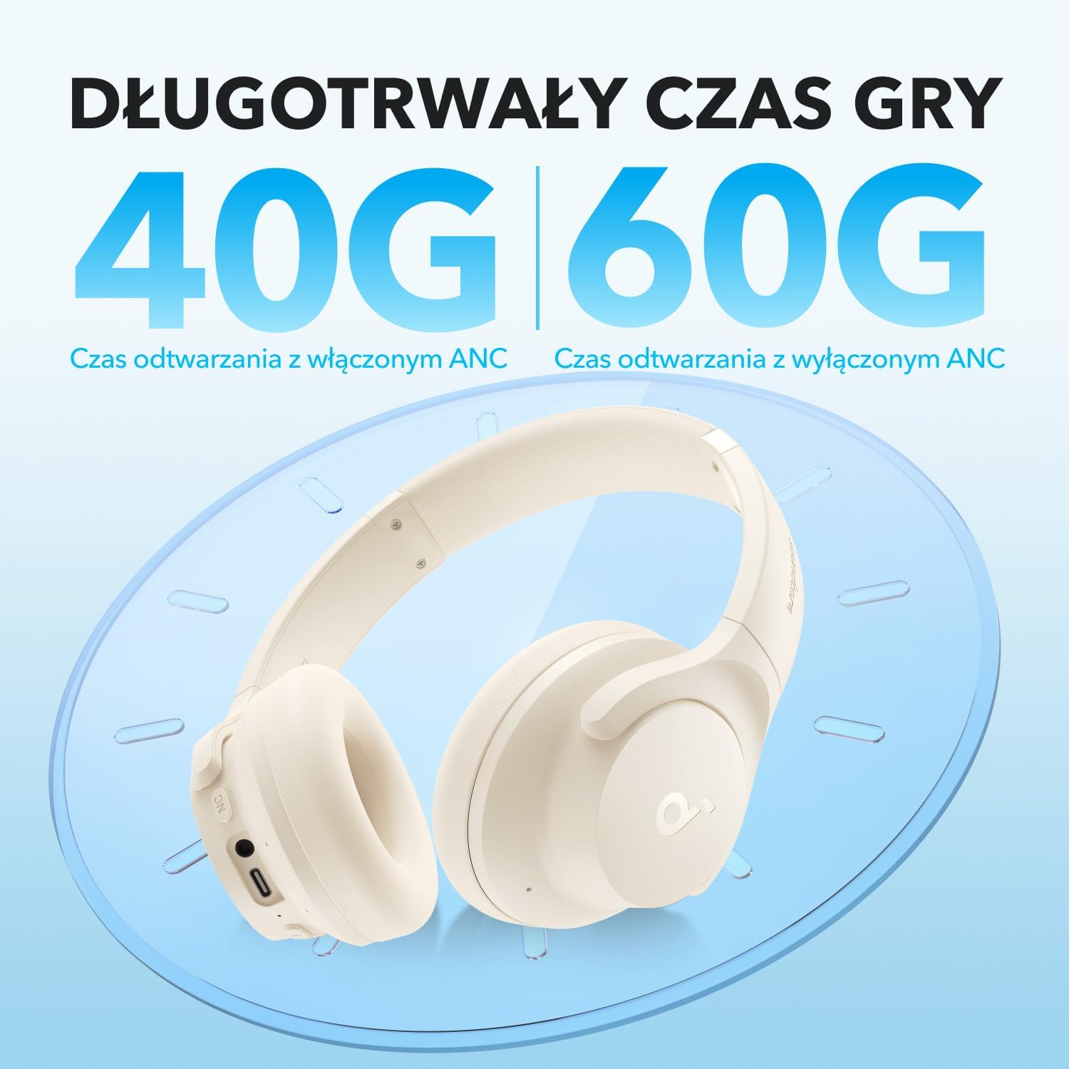 Słuchawki hybrydowe Soundcore by Anker Q20i(odnowiona) z aktywną redukcją szumów, bezprzewodowe nauszne Bluetooth, 40-godzinny czas odtwarzania ANC, dźwięk o wysokiej rozdzielczości, mocny bas