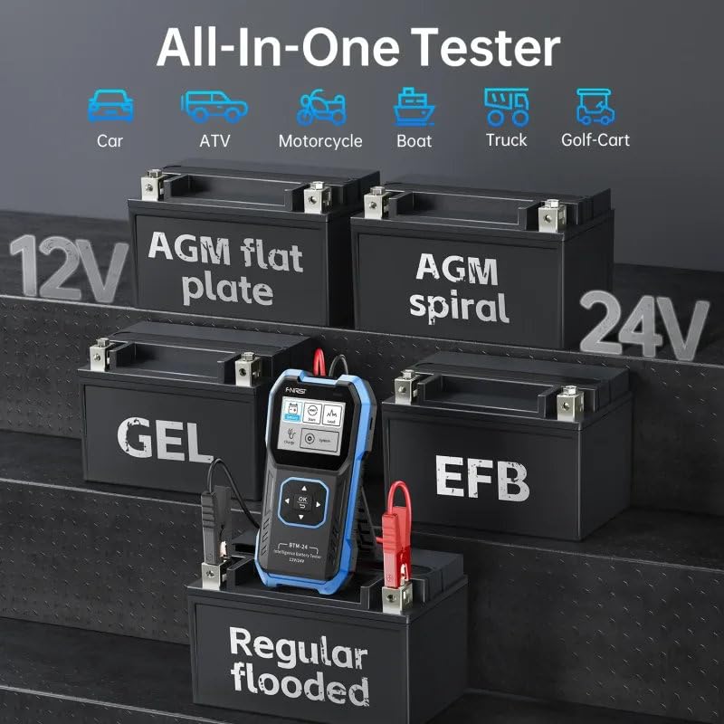 Tester digitale per batteria auto 12V 24V multifunzione BTM24 - Analizzatore CCA fino a 2000A con Test Avviamento e Sistema di Carica – Display Colore 2,4” – Compatibile AGM GEL EFB Piombo Acido