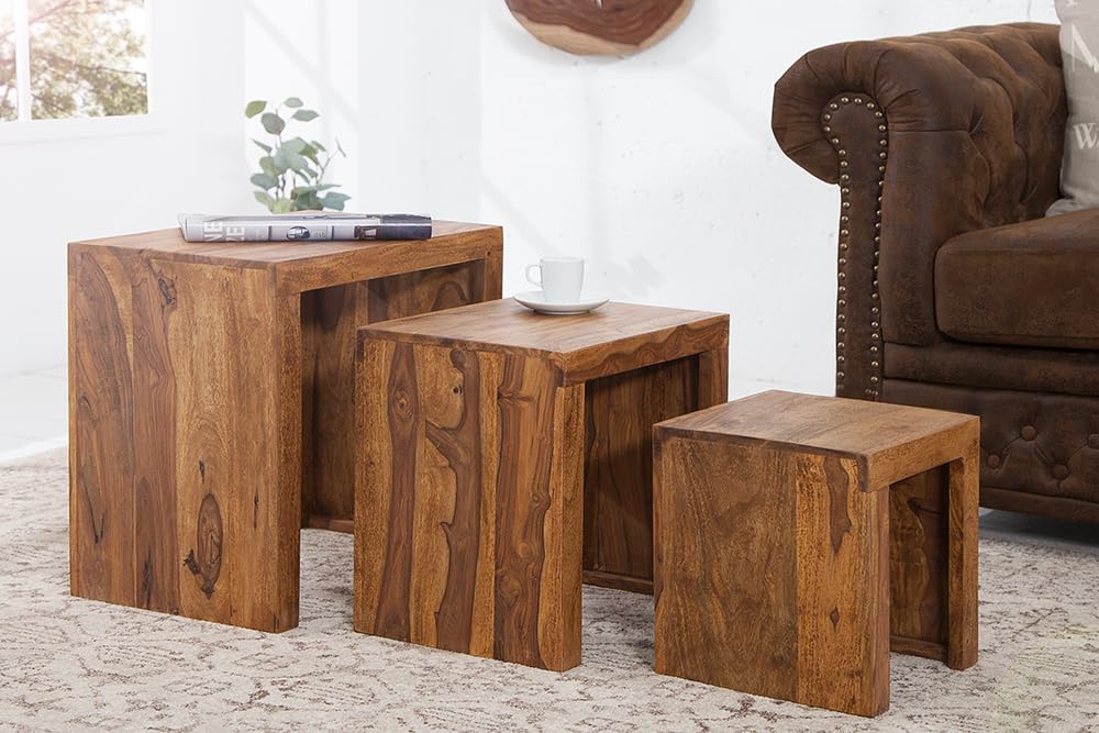 invicta INTERIOR Massives 3er-Set Beistelltische MAKASSAR Sheesham Stone Finish Couchtische Massivholz Holztische Tische Satztische Wohnzimmertische
