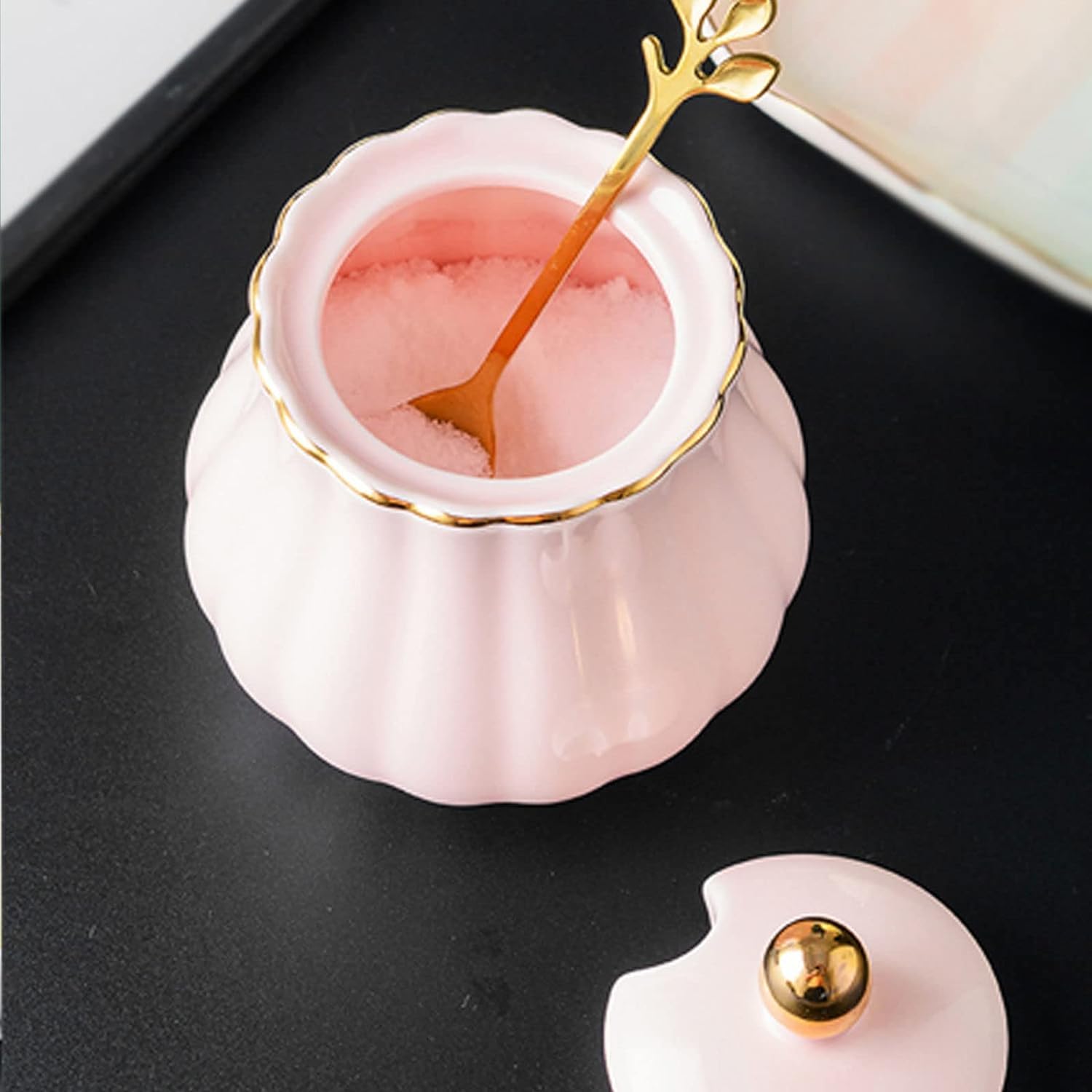 Cukiernica, cukiernica w jednolitym kolorze z pokrywką i łyżeczką, ceramiczny słoik do przechowywania cukru o pojemności 300 ml (10,6 uncji), porcelanowa cukiernica, do kawiarni, restauracji, domu - n
