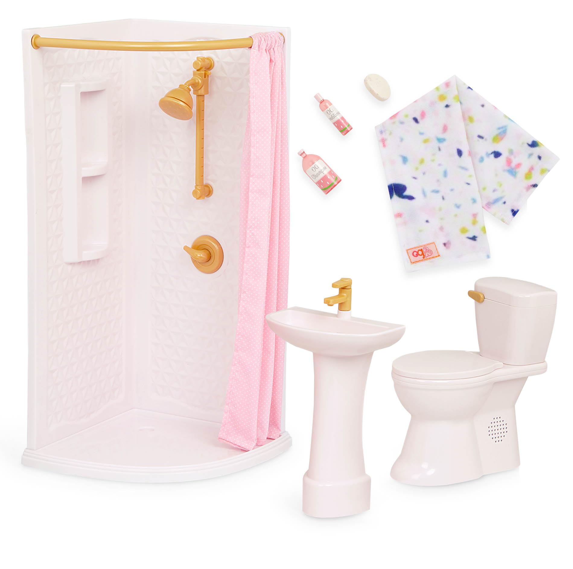 Our Generation Sweet Bathroom zestaw mebli łazienkowych dla lalek 46 cm – w zestawie wanna, umywalka, toaleta i akcesoria – meble dla lalek do fantazyjnej zabawy