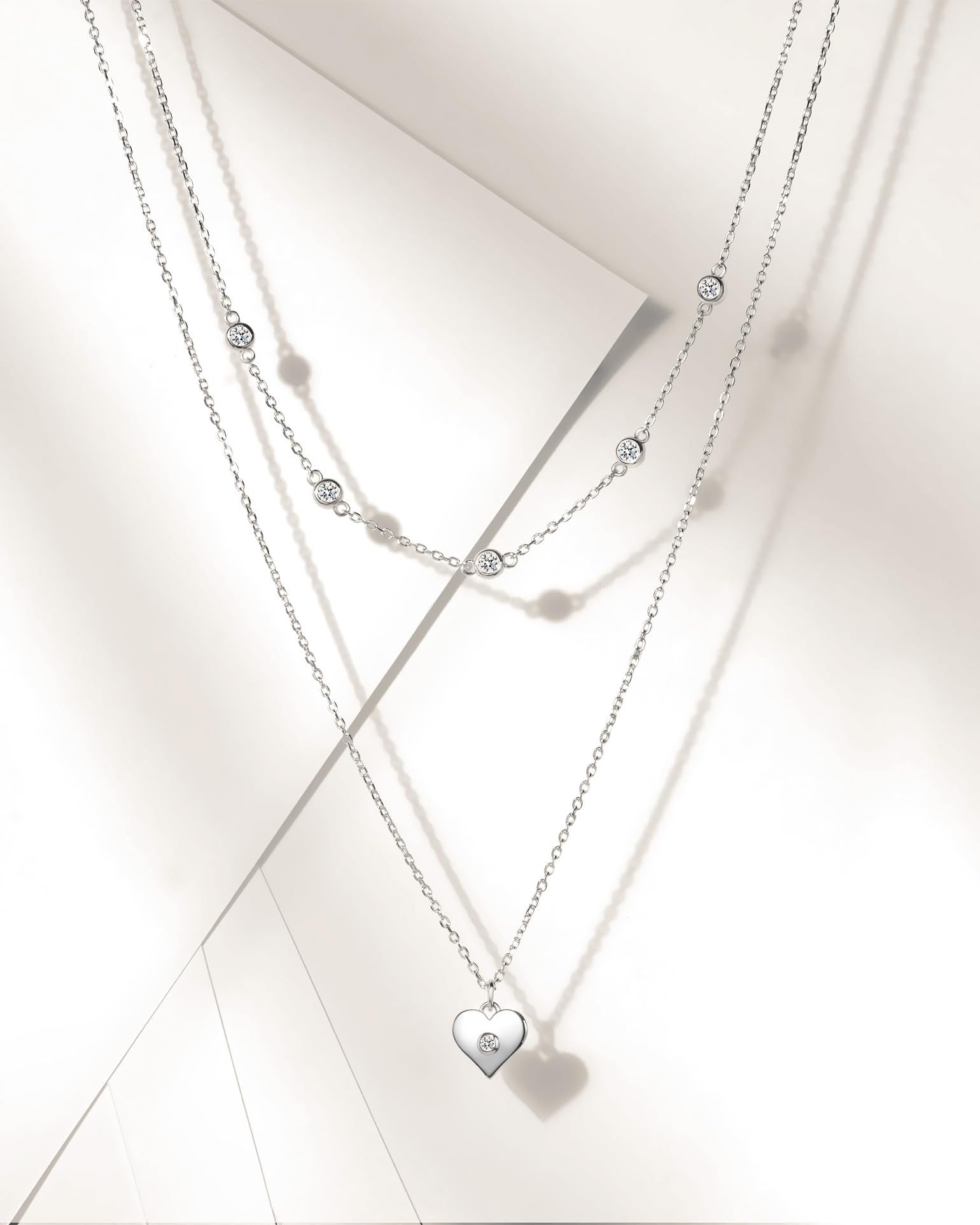 FANCIME Layered Kette Damen mit Anhänger, 14K Weißgold Vergoldet Personalisierte Zarte Mehrreihige Halskette, 925 Sterling Silber Halskette Schmuck für Damen Mädchen