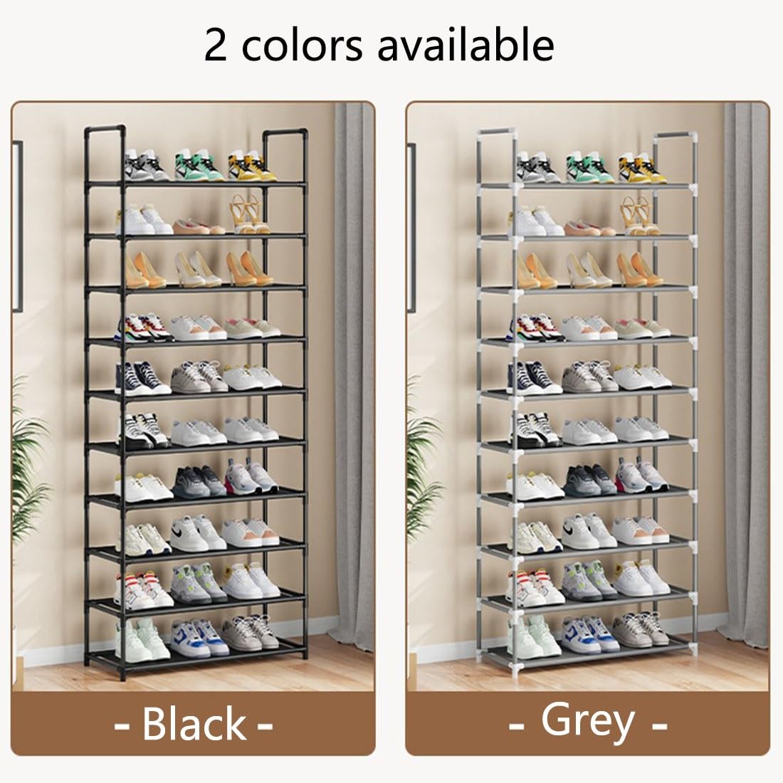 Zapatero de 10 niveles, estante de metal para zapatos con 5 hoo y 10 fundas, tela no tejida para entrada, negro/gris (17.7 x 11.4 x 69.8 pulgadas)
