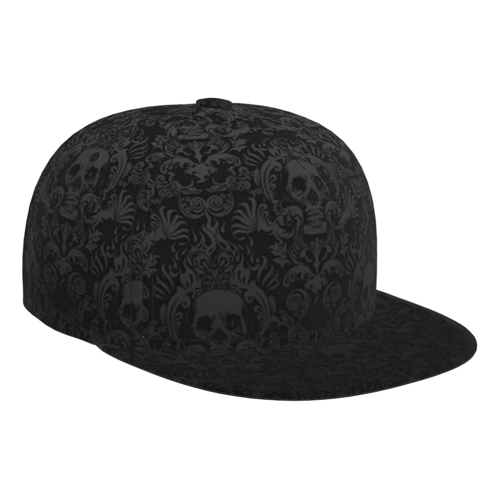 Perangg Unisex Black Gothic Wallpaper Skull Flat-Brimmed Snapback Hat, Adjustable Classic Baseball Cap For Hip Hop And Rock One Size