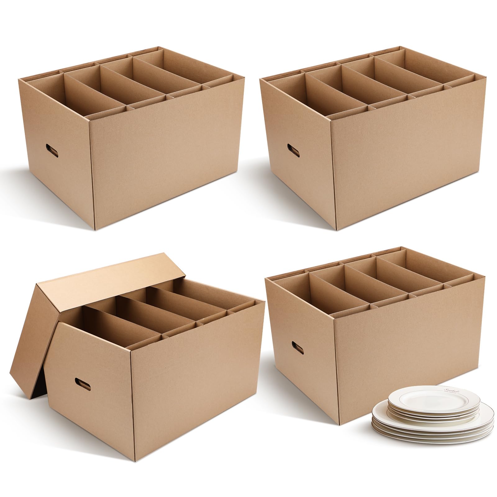 Fuyoooo 4 Pack Large Dish Packing Box with Divider 20 x 15 x 12'' Kitchen Moving Boxes Dish Packing Boxes with Reinforced Handle Packing Supplies with