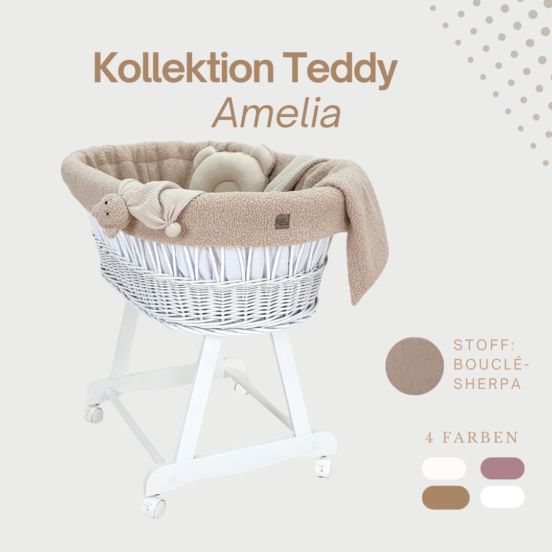 Wiklinopol Stubenwagen Amelia – Handgeflochtener Moseskorb Weiß mit Gestell & Matratze – 5-teiliges Teddy-Bettset Beige – Tragbarer Babykorb mit Rollen – Ideal für Neugeborene