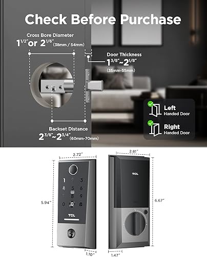 Miniatura 7 de TCL Cerradura inteligente D2 Plus, cerradura de puerta de huellas dactilares, timbre integrado y Wi-Fi, no necesita concentrador, cerrojo