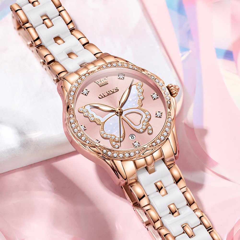 OLEVS Watches for Women Rose Gold Two Tone Fashion White Ceramic Ladies Wrist Watches Pink/Red Dial Stainless Steel Waterproof Date - Image 4
