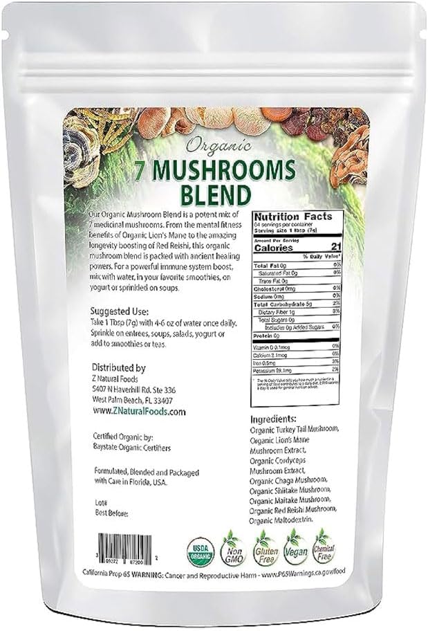 Z Natural Foods Organic 7 Sacred Mushrooms Blend - Lion’s Mane, Cordyceps, Chaga, Red Reishi, Shiitake, Maitake - Organic Mushroom Powder for Coffee, Smoothies, 1 lb - Image 2