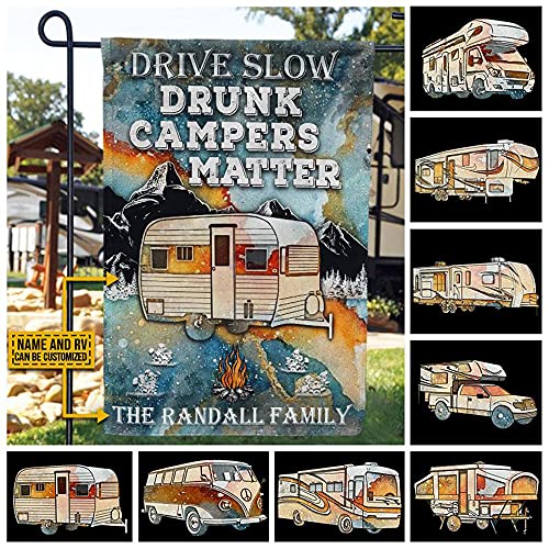 Personalized Drive Slow Drunk Campers Matter Camping Drunk Camper Blue Earth Camping Flag Custom RV Customized Name Flag Gift For Campers Summer Garden Flag Bear Flag No Garden Pole