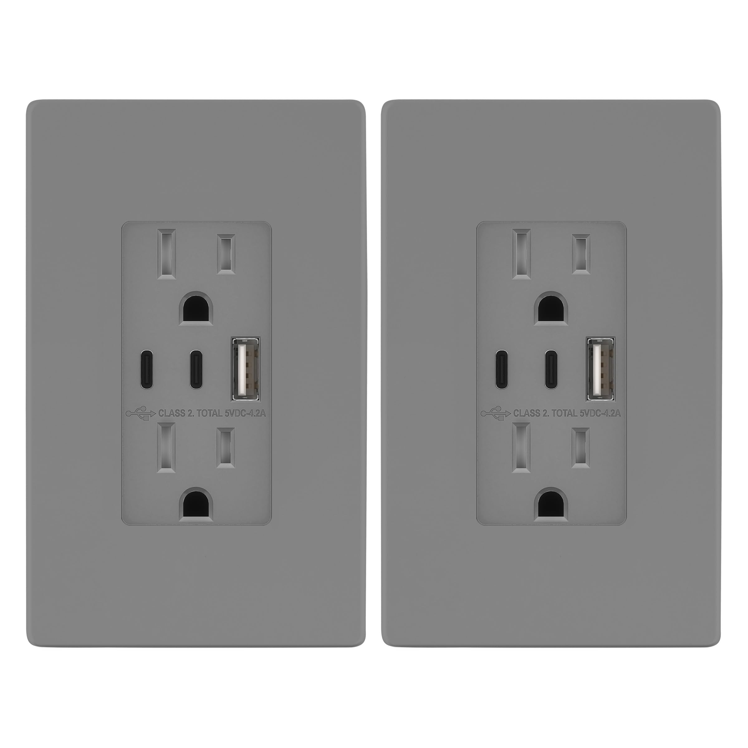 TOPGREENER 4.2A 3-Port Type C USB Outlet, 15 Amp Receptacle Plug, Charging Power Outlet with Dual Type C&A Ports, Screwless Wall Plate Included, UL Listed, Residential Grade, Gray, 2 Pack 15 Amp Gray 2