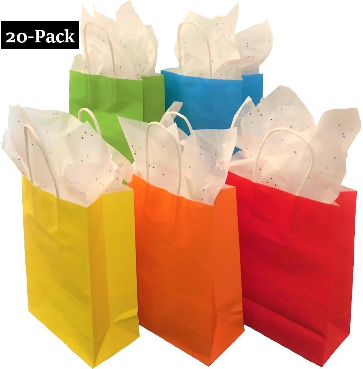 Color Everyday Birthday Party Favor Bags (20-Pack, 5 Colors) Paper/Party/Gift/Birthday/Wedding Bag with Handle