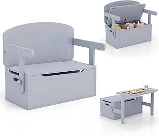 COSTWAY Wooden Toy Box, 3-in-1 Convertible Kids Bench/Desk Chair Set/Storage Chest with Lid, Multifunctional Children\'s Organizer Cabinet for Playroom Bedroom (Gray)