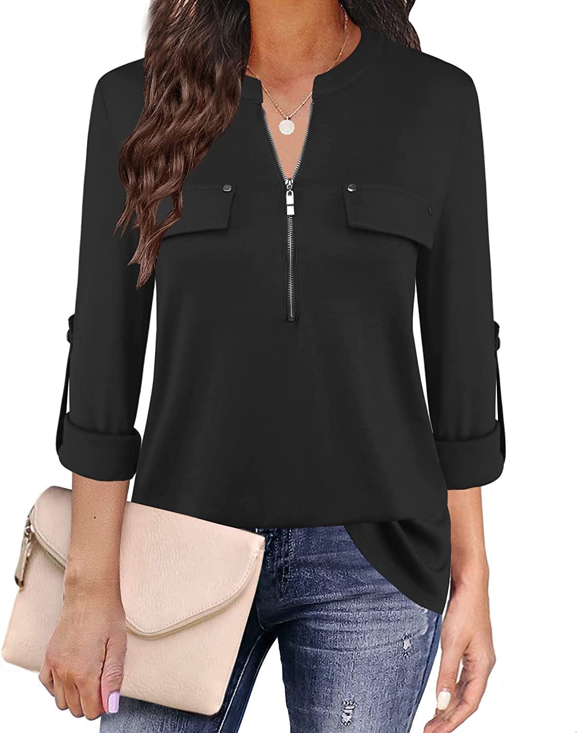 Siddhe Damen V-Ausschnitt Bluse 3/4 Ärmel Tunika mit Reißverschluss Elegant Longbluse Lange Shirt Casual Langarm Top Shirt Oberteil