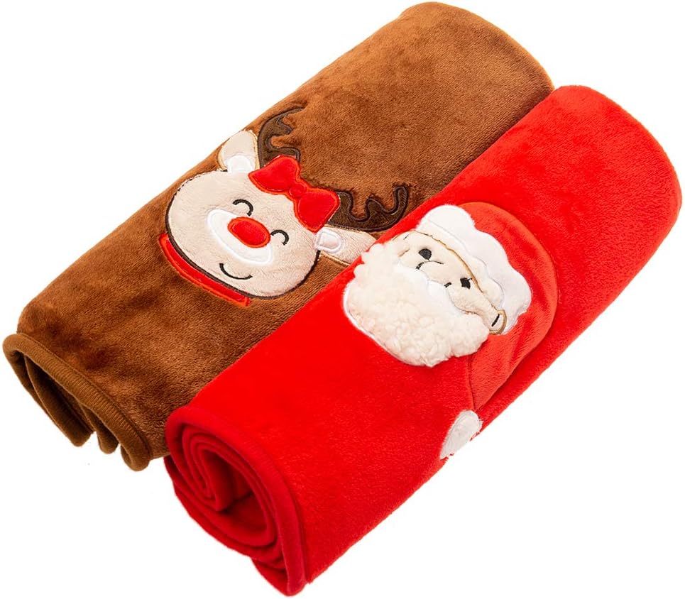 Pet Warm Blanket Santa Claus Elk Embroidery Print Soft Comfortable Flannel 2 Pieces Brown and Red for Cats Dogs