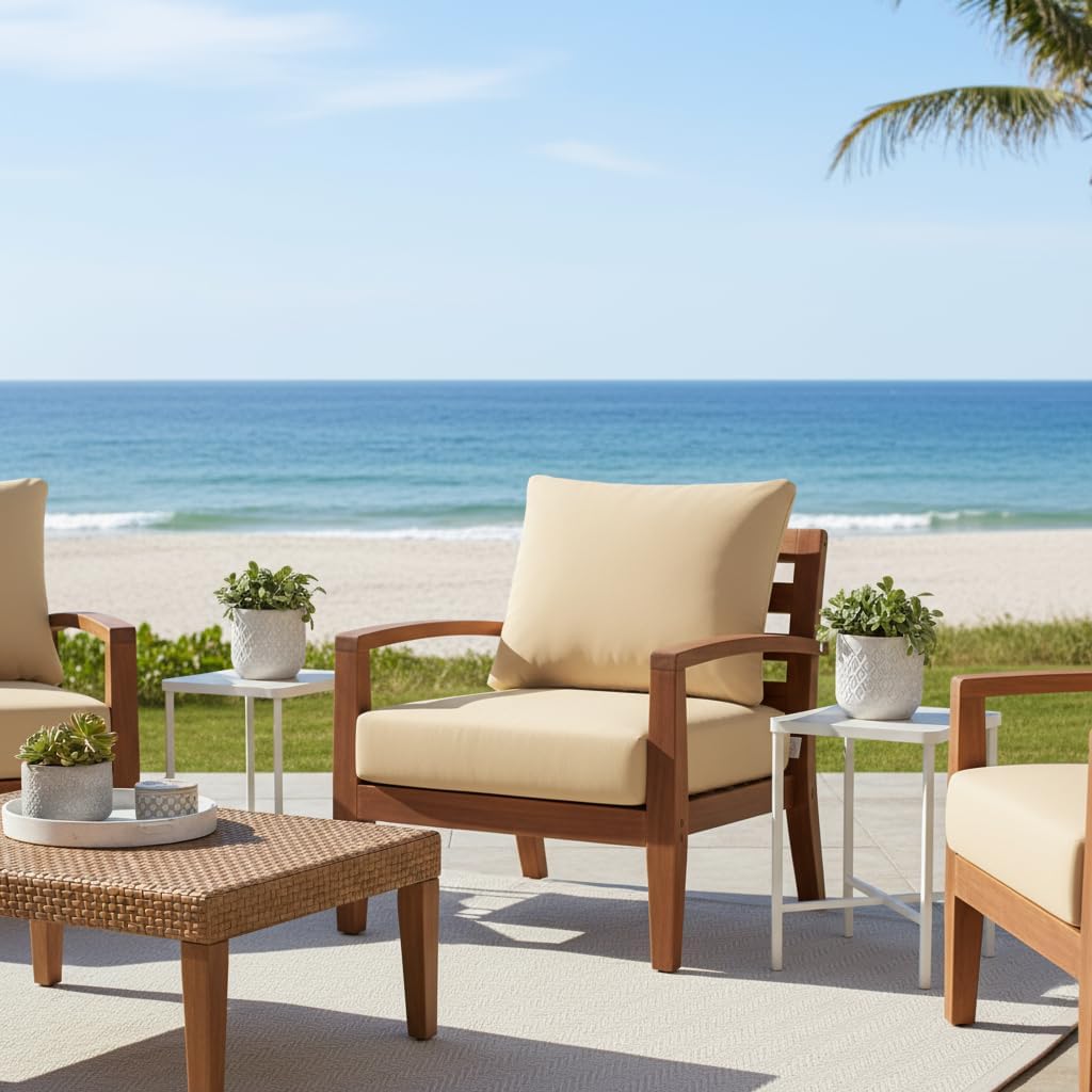 RSH DECOR Sunbrella Deep Seating Cushion with Pillow Back | 23” x 24” x 4" Seat | Water & Fade-Resistant | Outdoor Chair Cushion Set for Patio Furniture | Made in USA (Cast Sand Tan)