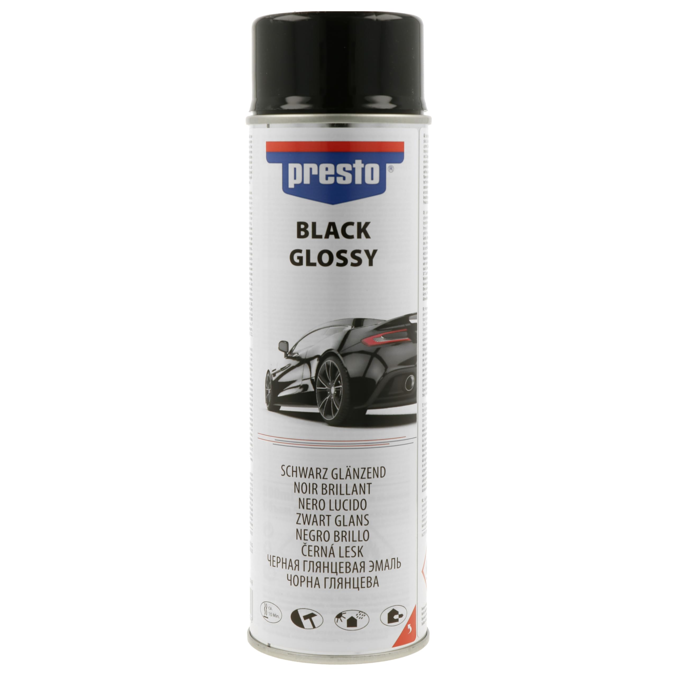 presto UNIVERSALLACK schwarz glänzend 500 ml, Sprühlack, schnelltrocknend, hohe Deckkraft, vielseitig, Innen- & Außenbereich, widerstandsfähig, Auto-Reparaturlack