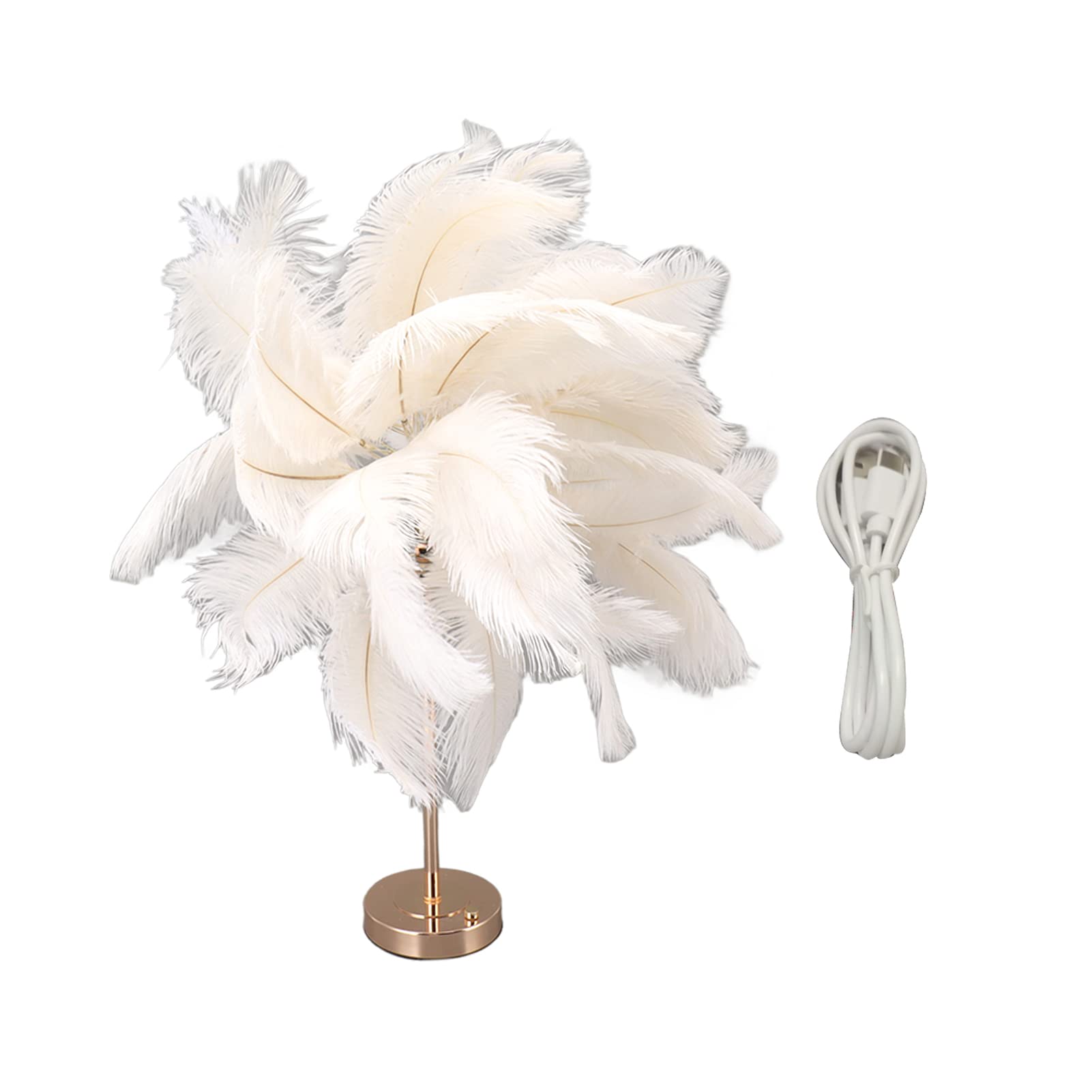 Gsycle Ostrich Feather Table Lamp Rechargeable Modern Romantic Decoration Lamp Bedroom Bedside Lamp for Home Decoration (White)