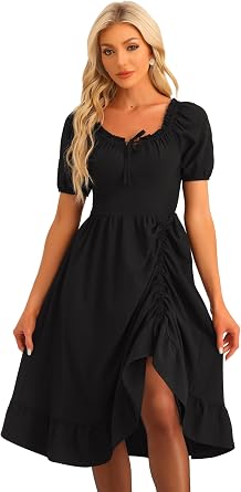Allegra K Womens Short Sleeve Vintage Corset Dress with Ruffles Square Neck Smockback Ruched Ruffle Midi Dress
