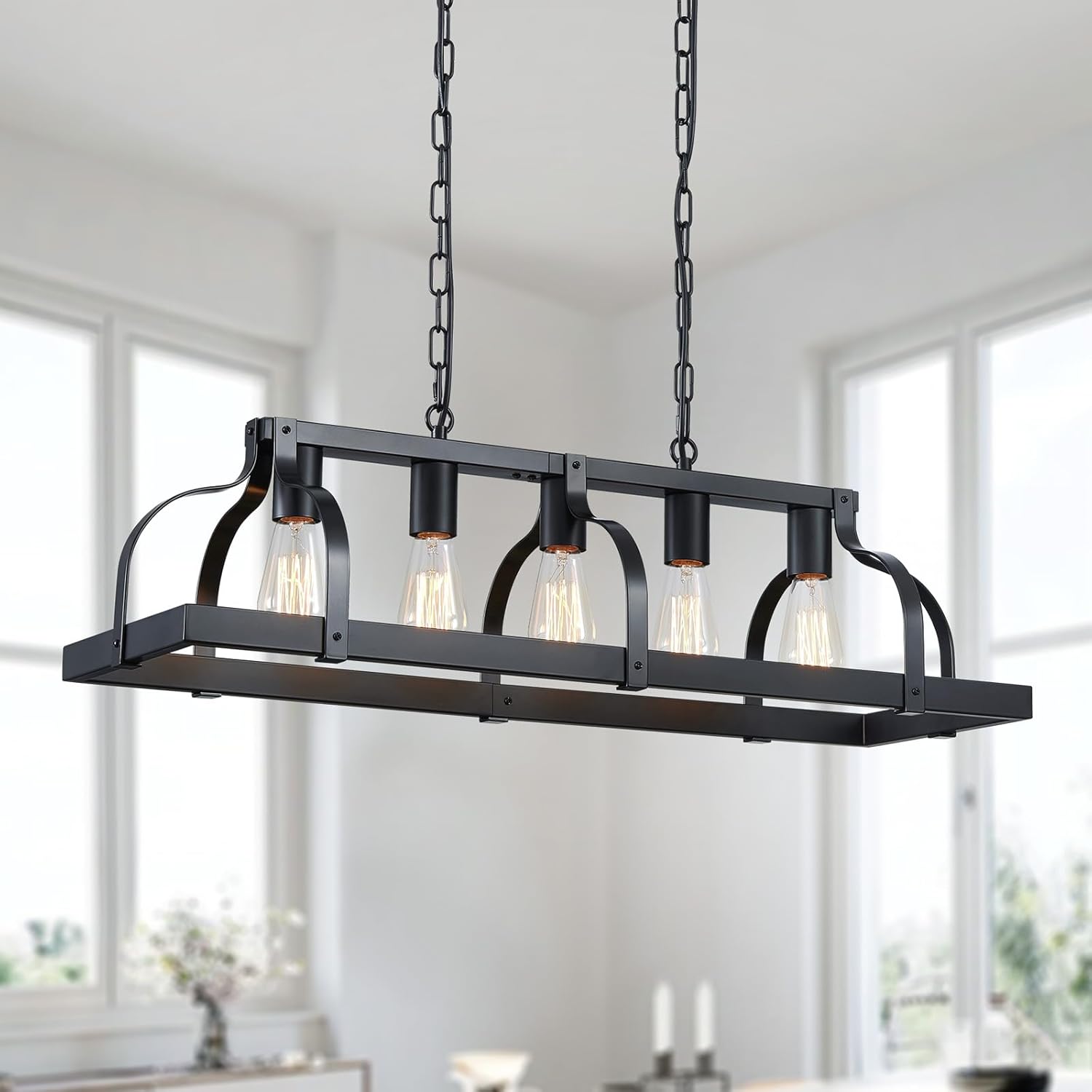 WUZUPS 5-Light Metal Chandelier Linear Pendant Ceiling Lighting Rustic Farmhouse Fixture Kitchen Island Dining Room, H 8.5" L 31.5" W10, E26 Base, Black Black, 5 Lights