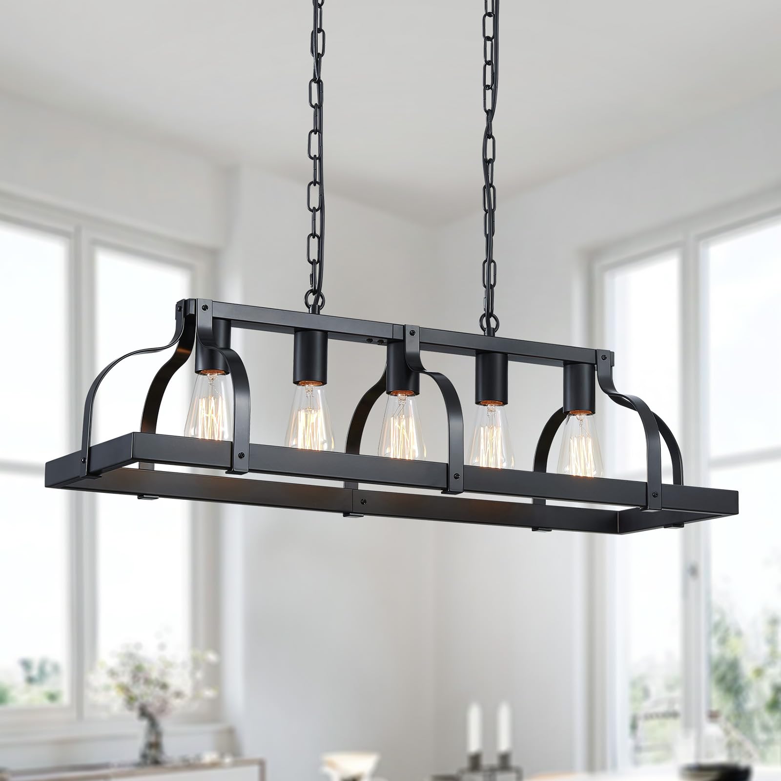 WUZUPS 5-Light Metal Chandelier Imitation Wood Grain Linear Pendant Ceiling Lighting Rustic Farmhouse Fixture Kitchen Island Dining Room, E27 Base, Black