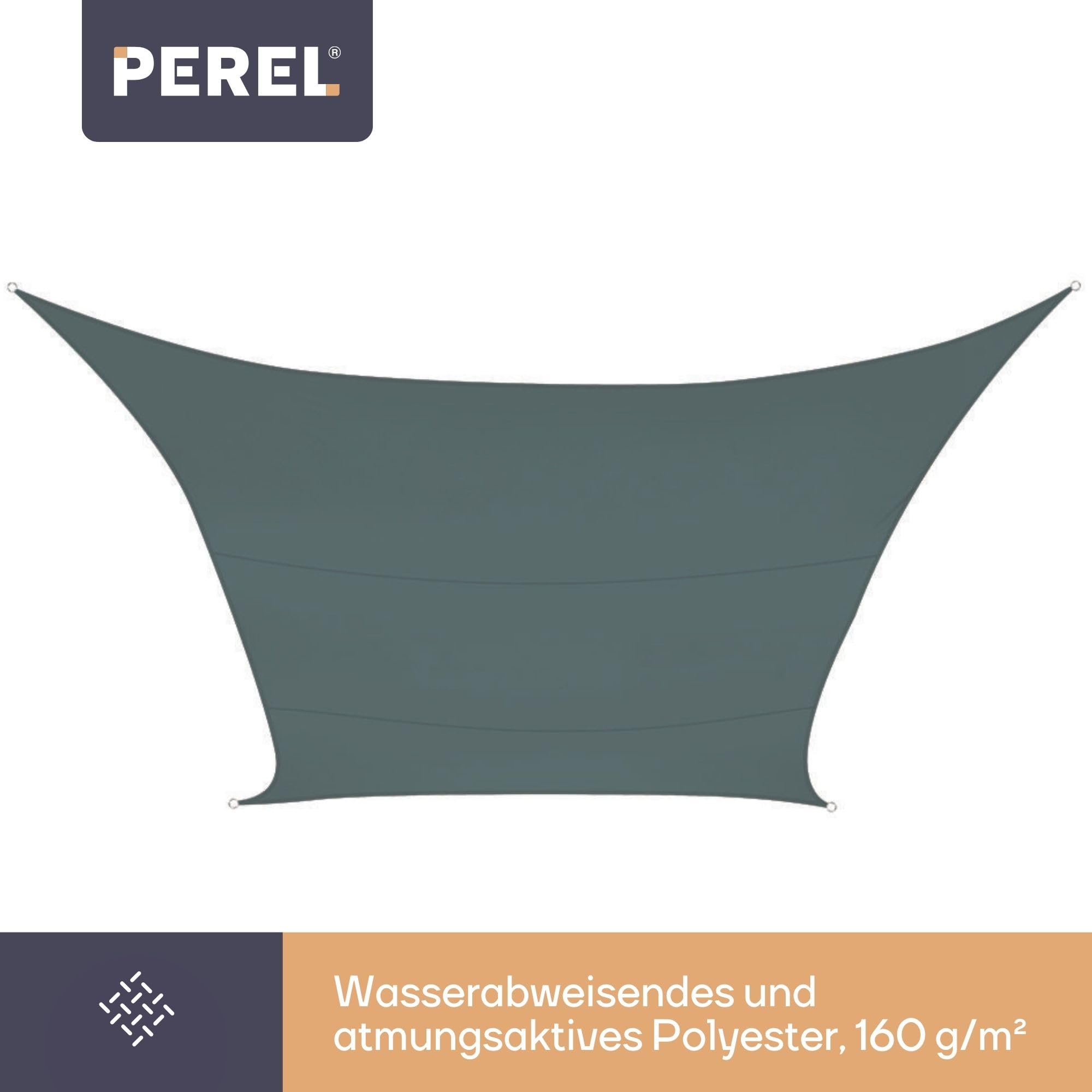 Perel Sonnensegel 3.6 x 3.6 m, quadratisch für Garten und Terrasse, wasserabweisend, UV-Schutz 90%, atmungsaktiv, grüngrau