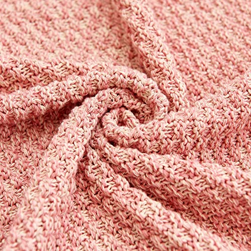 Longhui Bedding Dusty Pink Knitted Throw Blanket For Couch, Soft, Cozy Machine Washable 100% Cotton Sofa Knit Blankets, Heavy 2.8Lb Weight, 51 X 63 Inches, Pink And White Color, Laundry Bag Included #TOP1