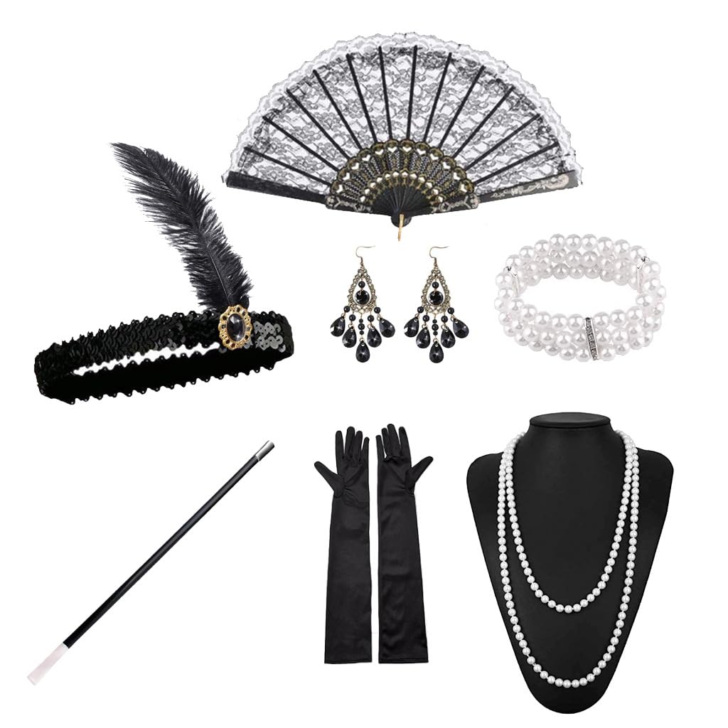 WFKKMEQ 1920s Accessories for Women 7PCS Great Gatsby Accessories Set 20s Costume Fancy Dress 1920s Fashion Headband with Headband Headpiece