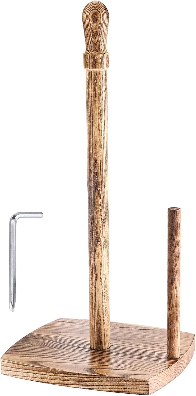 Wooden Standing Paper Towel Holder Countertop, ASH Paper Towel Roll Hanger Paper Towel Organizer Roll Dispenser for Kitchen Countertops, Bars & Dining Tables, Standard & Jumbo Rolls (Brown 1 Pack)
