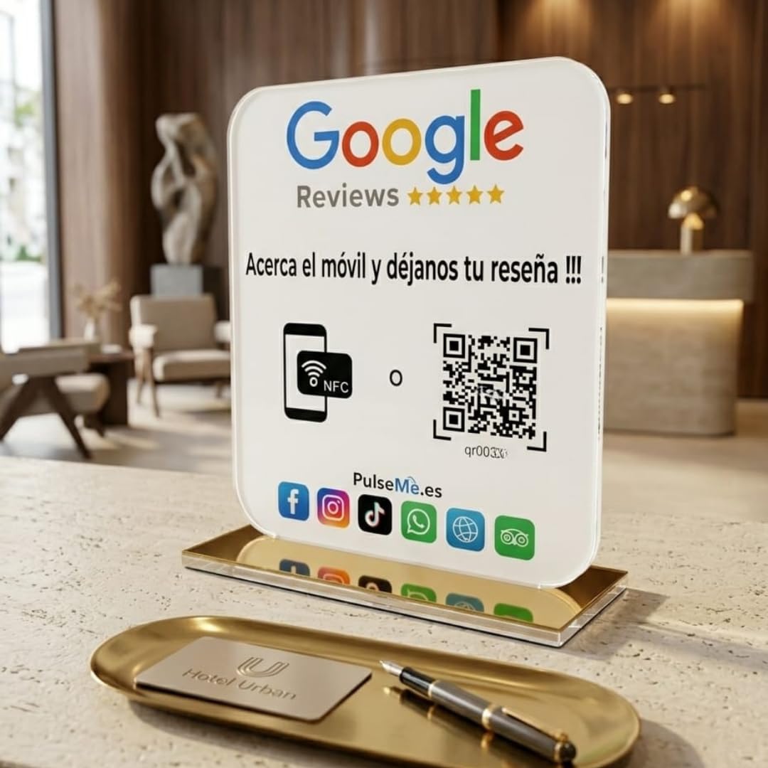 Placa NFC + QR Todo-en-Uno:Conecta tus Redes Sociales y dispara tus Reseñas |Mini Web Incluida|Filtro AntiNegativas|Sin Cuotas|Ideal Hostelería, Comercios (1 Acrilico en Castellano)