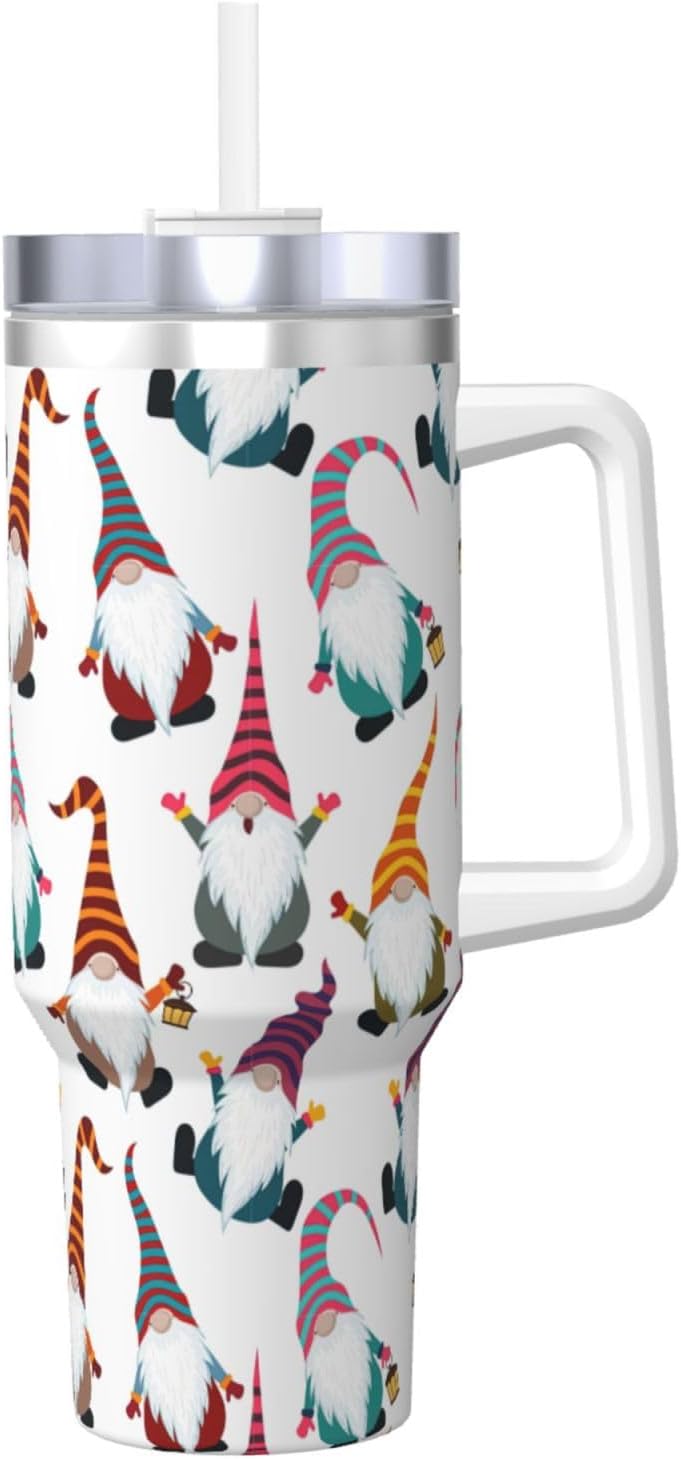 40 OZ Xmas Funny Gnomes Print Ice Bully Cup with Handle Straw Lid Straw,Stainless Steel Tumbler Coffee Cup