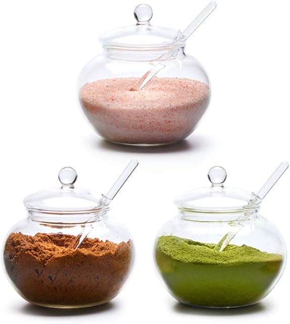 EZOWare Set of 3 Glass Spice Jar with Lid and Serving Spoon Set, Kitchen Storage Condiment Pots Container for Seasonings, Sauces, Salts, Sugar, Cooking Spicing - 250ml