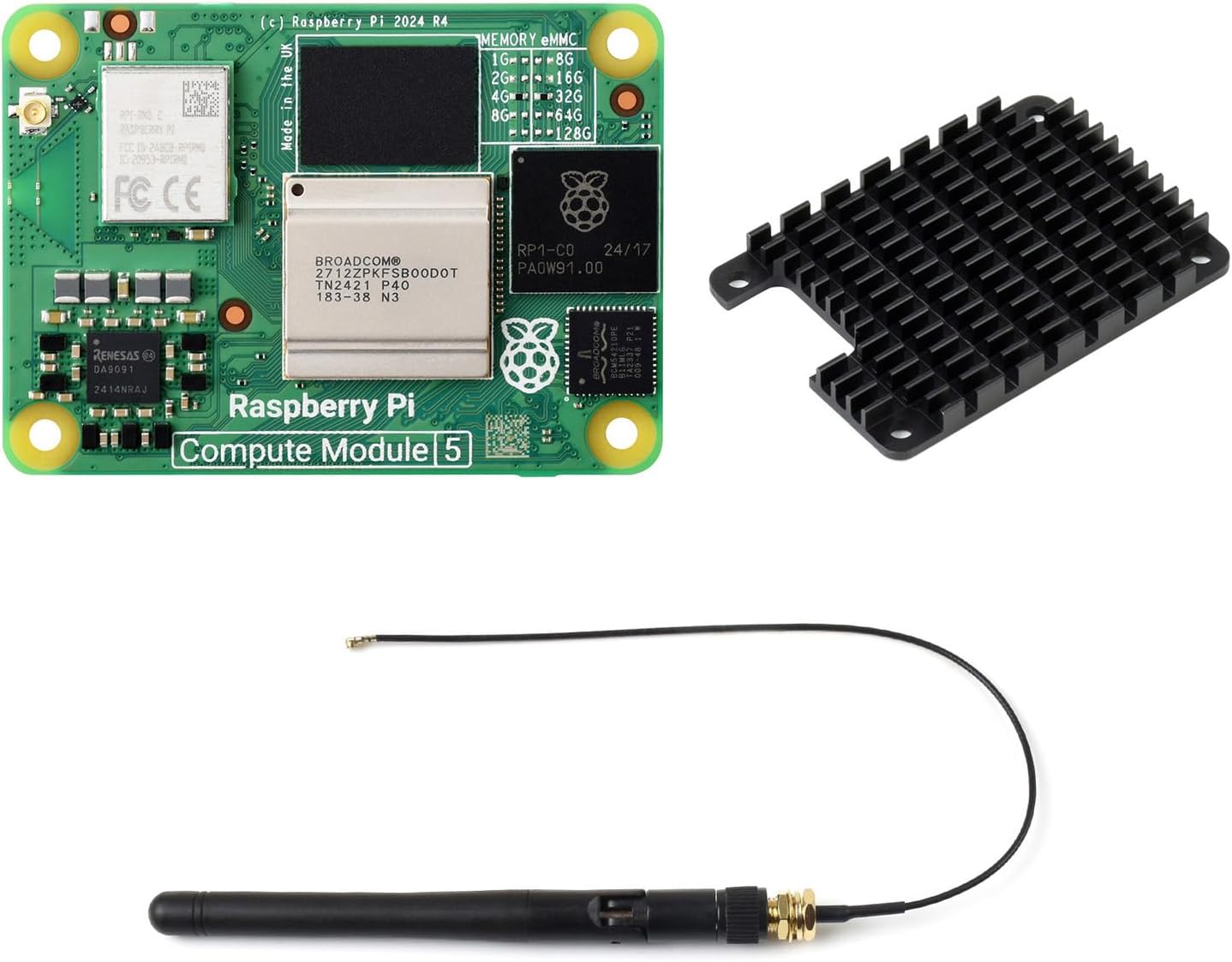 CM5 Waveshare Pi Compute Module 5，Comes with an Official Raspberry Pi CM5104032 (with Wireless, 4GB RAM, 32GB eMMC Flash), an Antenna Kit and a HEATSINK. (3 Items)
