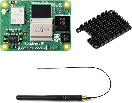 CM5 Waveshare Pi Compute Module 5, with an Official Raspberry Pi CM5104032 with Wireless, 4GB RAM, 32GB eMMC Flash, an Antenna Kit and a HEATSINK. 3 Items