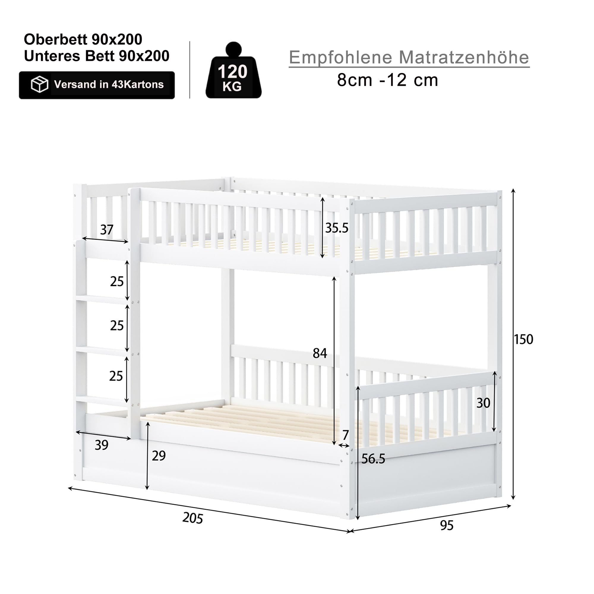 Letto a castello per bambini, in legno massiccio, sistema di cuscinetti idraulici, robusto e durevole, per bambini, 90 x 200 cm (bianco)