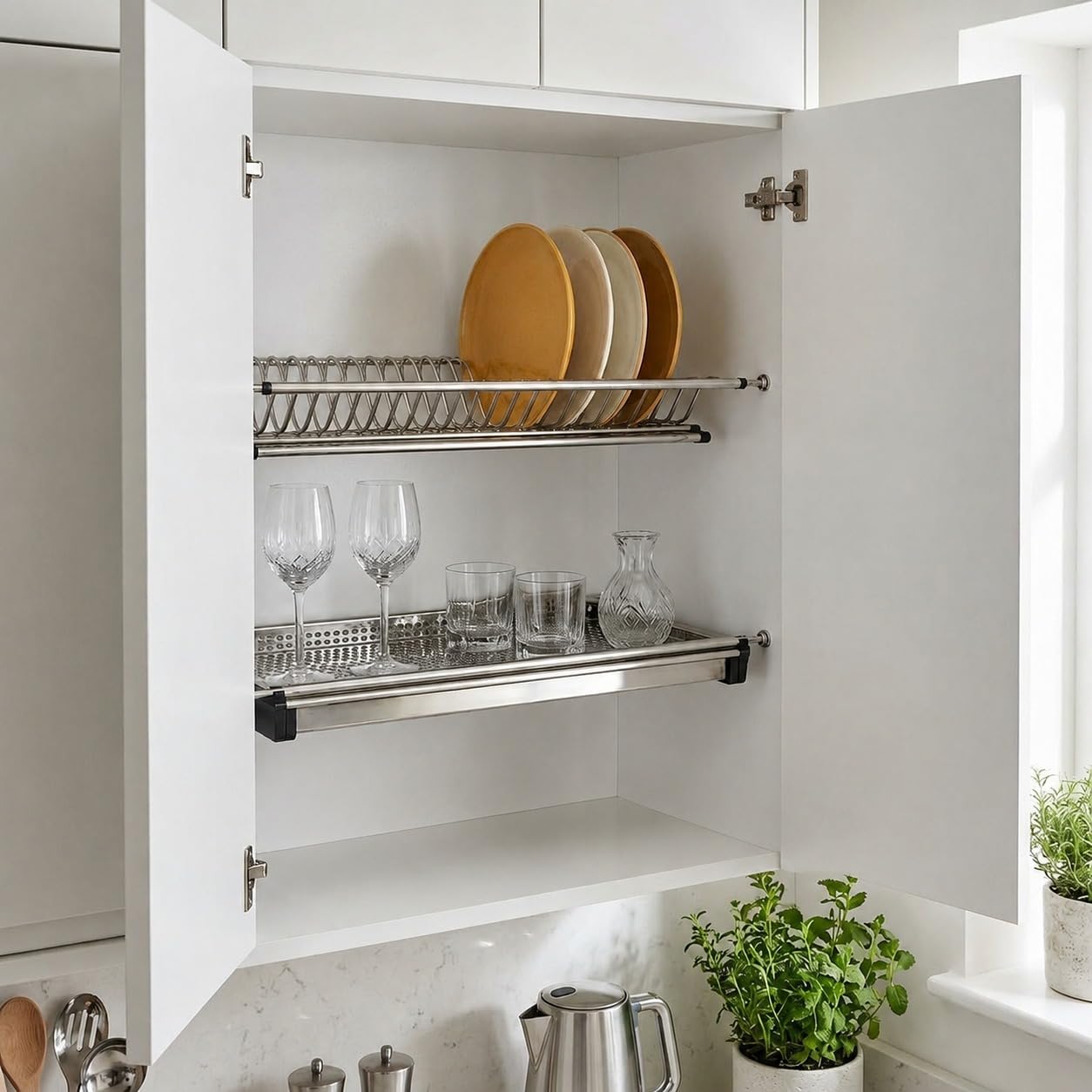 MAKA Scolapiatti da Incasso per Pensile 56 cm in Acciaio Inox a 2 Livelli, Portapiatti Verticale e Ripiano Bicchieri Tazze con Vaschetta Raccogligocce Estraibile, Scolapiatti da Mobile Cucina