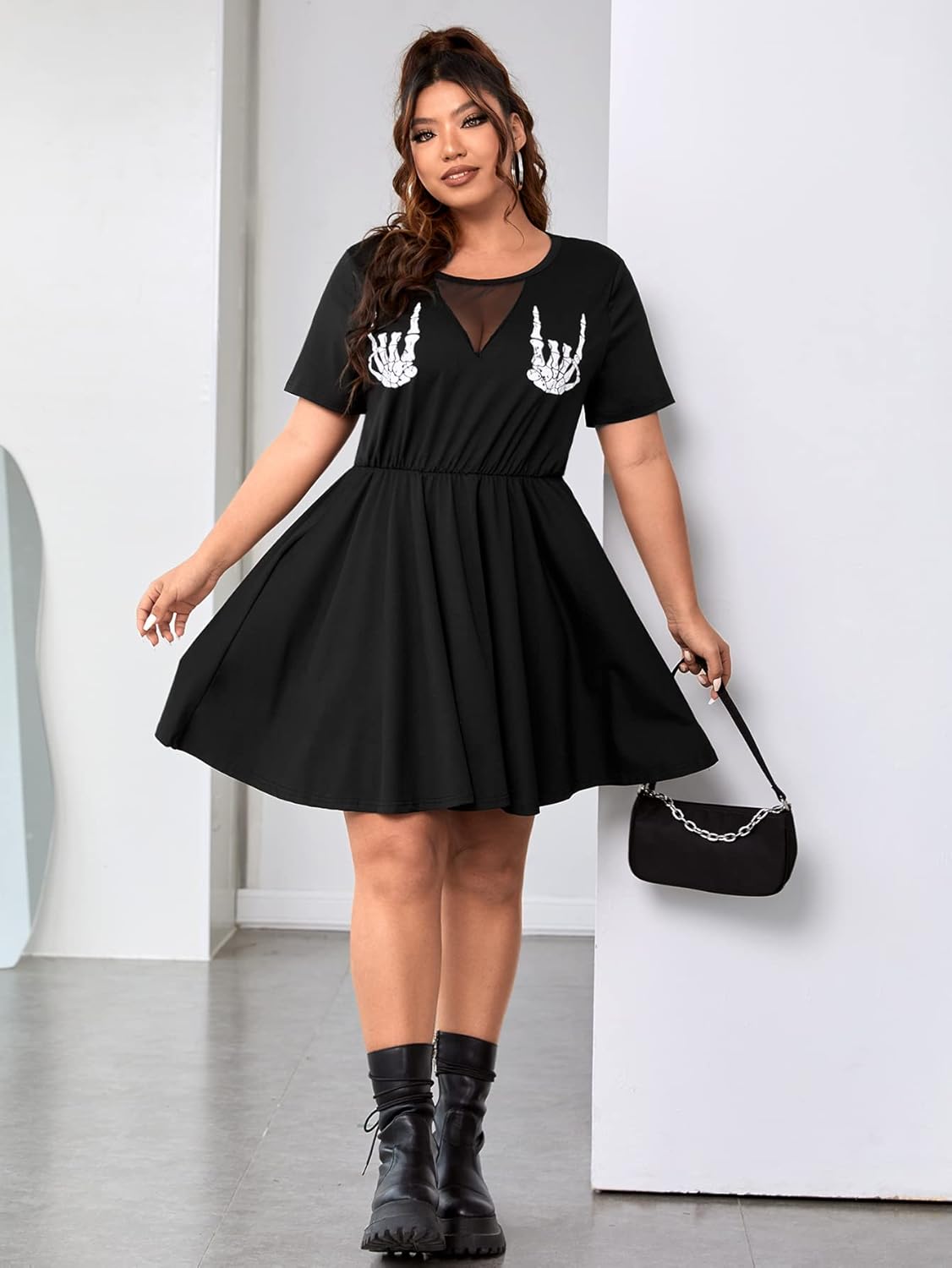 WDIRARA Women's Plus Size Contrast Mesh Cute Dress Skull Print A Line Dress Skeleton Hand Print Dresses