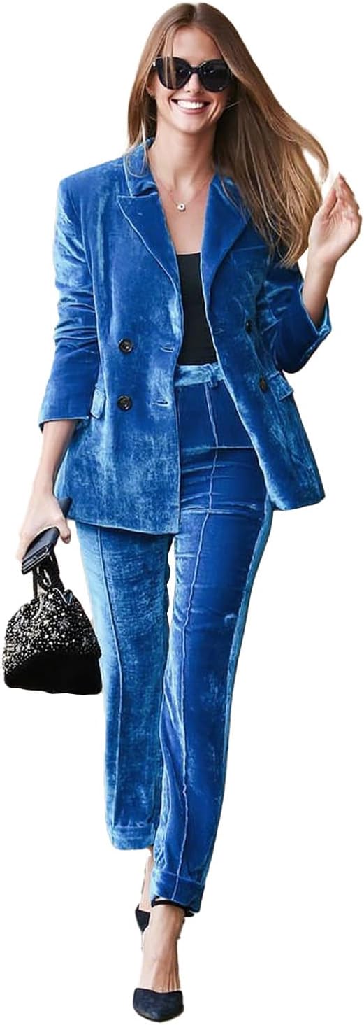 Women's 2 Piece Velvet Suit Streetwear Fall Clothes Business Suit Wedding Tuxedo Blazer Jacket Pants Set