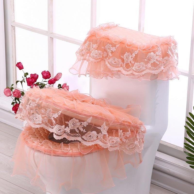 Toilet lid cover 3pcs/Set Lace Embroidery Red Pink Flower Soft Toilet Lid & Tank Covers Seat Cover Pads Cushion Zipper -Typ(Big Red)