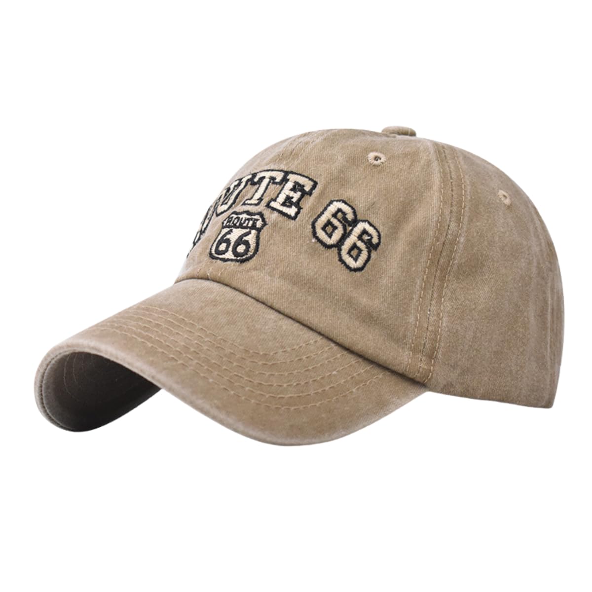 Gorras de béisbol Vintage de algodón Lavado para Mujeres y Hombres, Classic Route 66 Bordadas, protección Solar, Caqui, Medium/Large